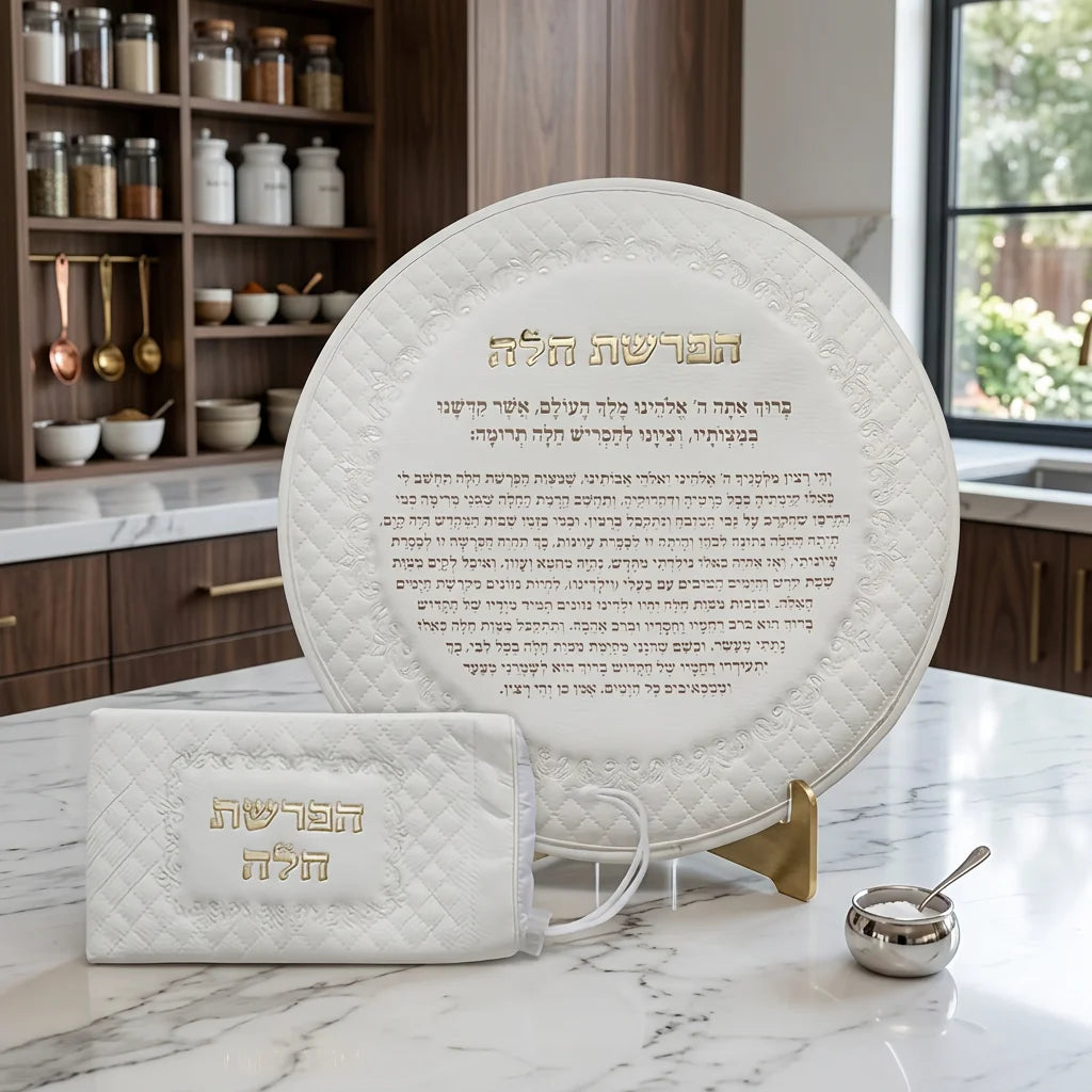 סט הפרשת חלה- דמוי עור לבן עם כיתוב זהב