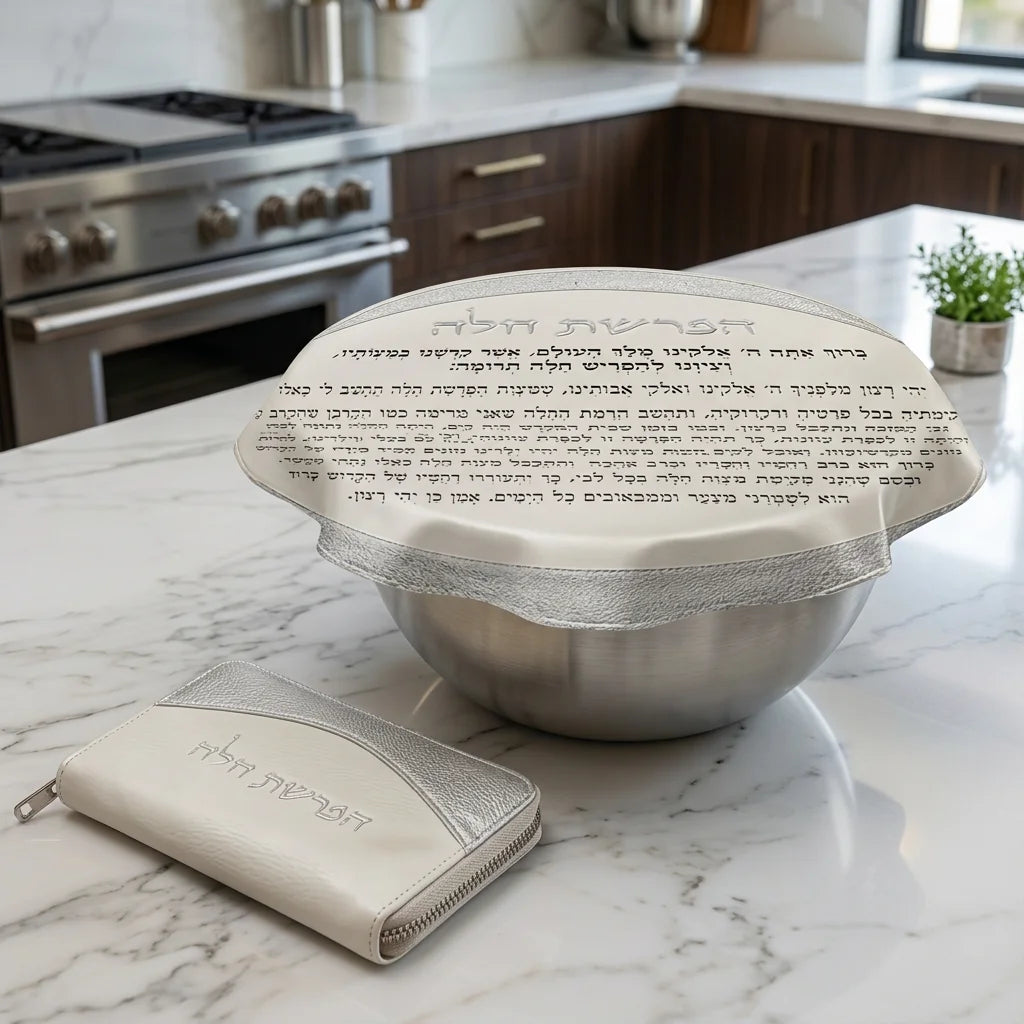 סט להפרשת חלה- דמוי עור לבן עם אותיות כסף בולטות